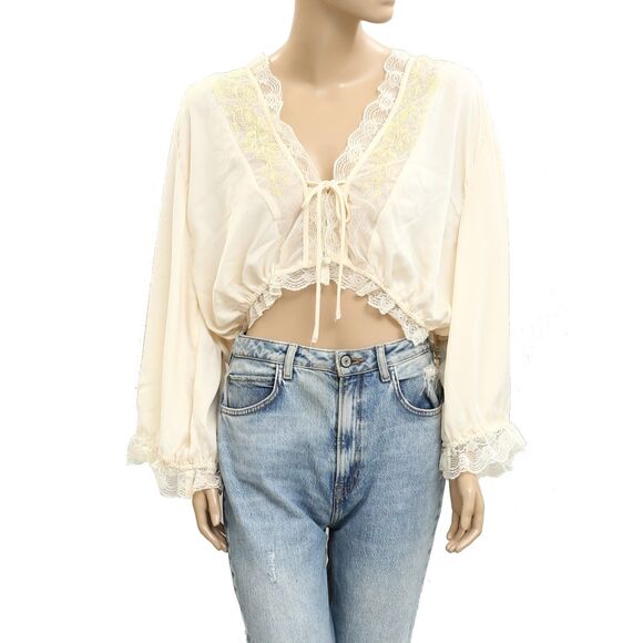 Anthropologie LyreBird Satin Buttondown Blouse Top Floral Lace Coverup L 281500 - Picture 5 of 9